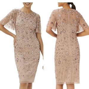 Adrianna Papell mauve pink beaded sheath dress flutter sleeve knee length Small